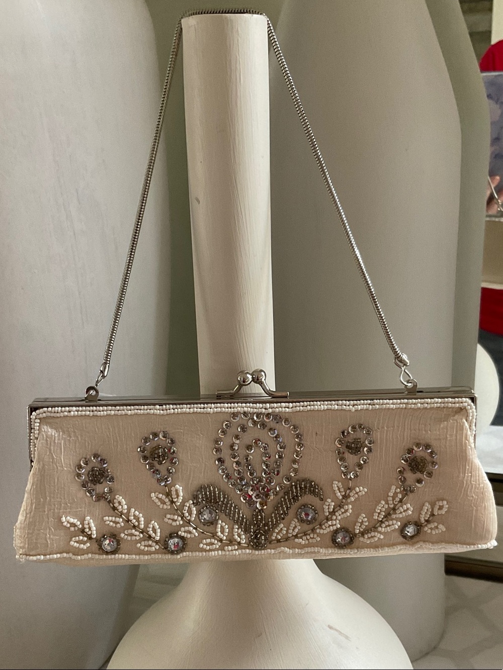 Beaded Ivory Evening Clutch with Silver Accents